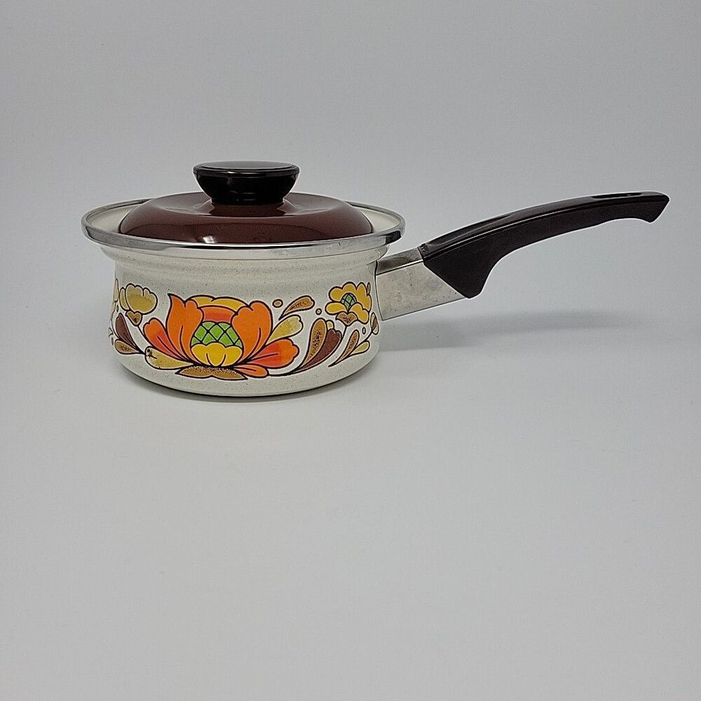 Vintage Sanko Covered Saucepan 1 Quart 1970s Country Flowers Porcelain Enameled